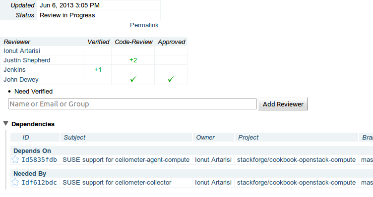 Changeset showing a dependent changeset and a changeset dependent on this one (chained dependent patchsets)